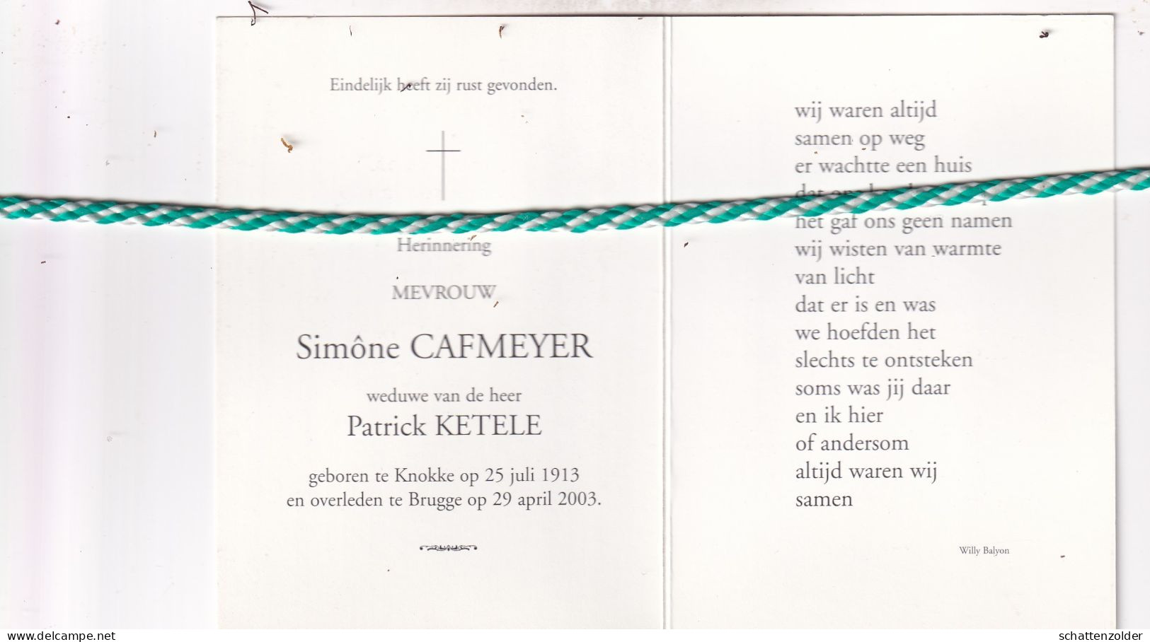 Simône Cafmeyer-Ketele, Knokke 1913, Brugge 2003. Foto - Décès