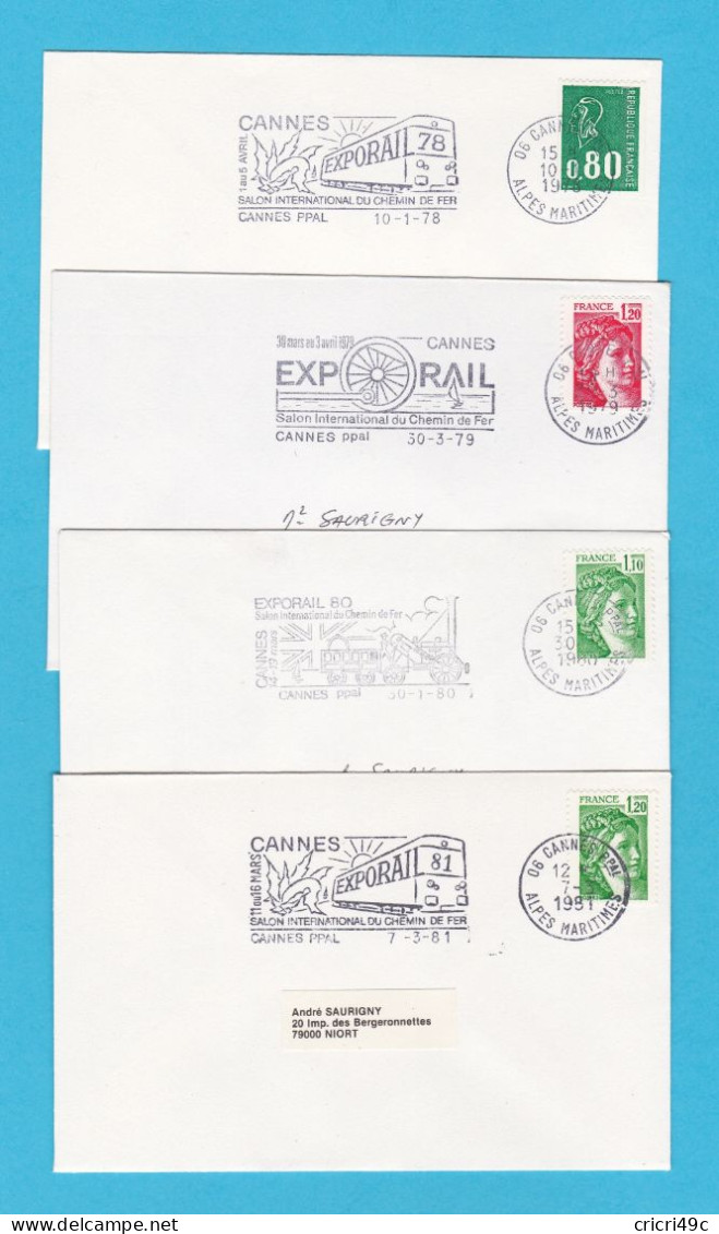 Cannes, Salon International Du Chemin De Fer EXPORAIL, 4 Enveloppes De 1978-79-80-81 - Oblitérations Mécaniques (flammes)