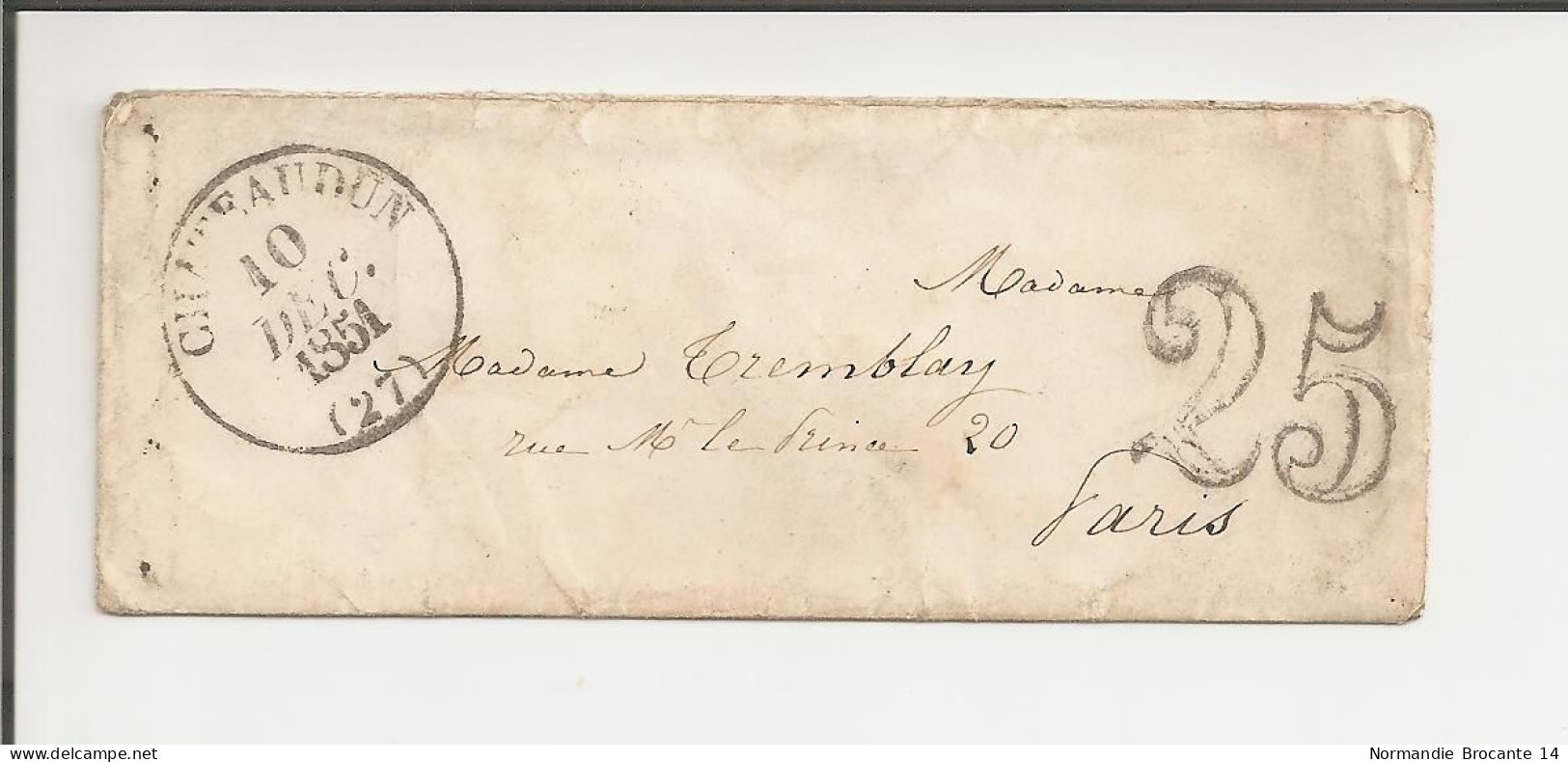 Lettre De Châteaudun Pour Paris De Décembre 1851 - Taxe 25 - 1849-1876: Période Classique