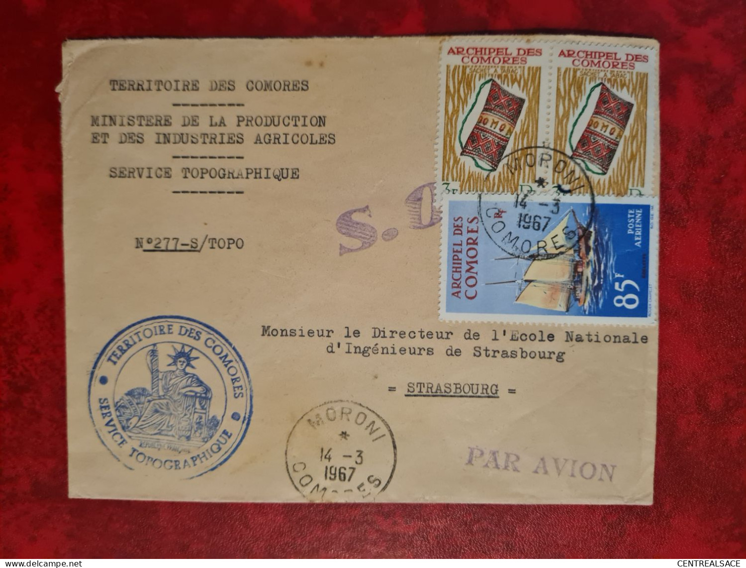 Lettre COMORES 1967 MORONI MINISTERE DE LA PRODUCTION INDUSTRIES AGRICOLES TOPOGRAPHIQUE CACHET S. O. - Komoren (1975-...)