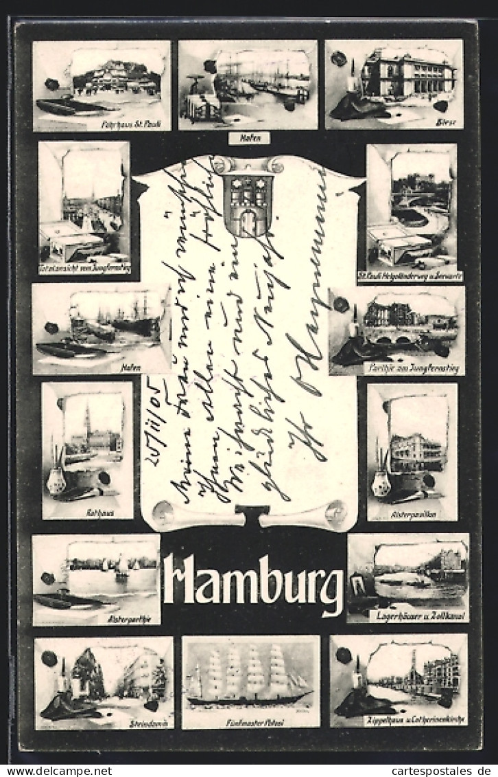 AK Hamburg, Hafen Mit Dampfer, Zippelhaus, Fünfmaster Potosi  - Mitte
