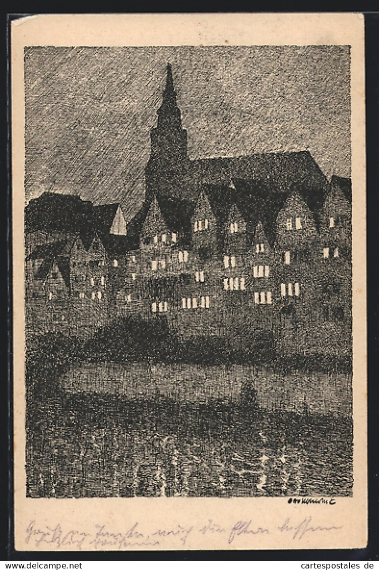 Künstler-AK Tübingen, Blick Zur Stiftkirche Bei Nacht  - Tuebingen