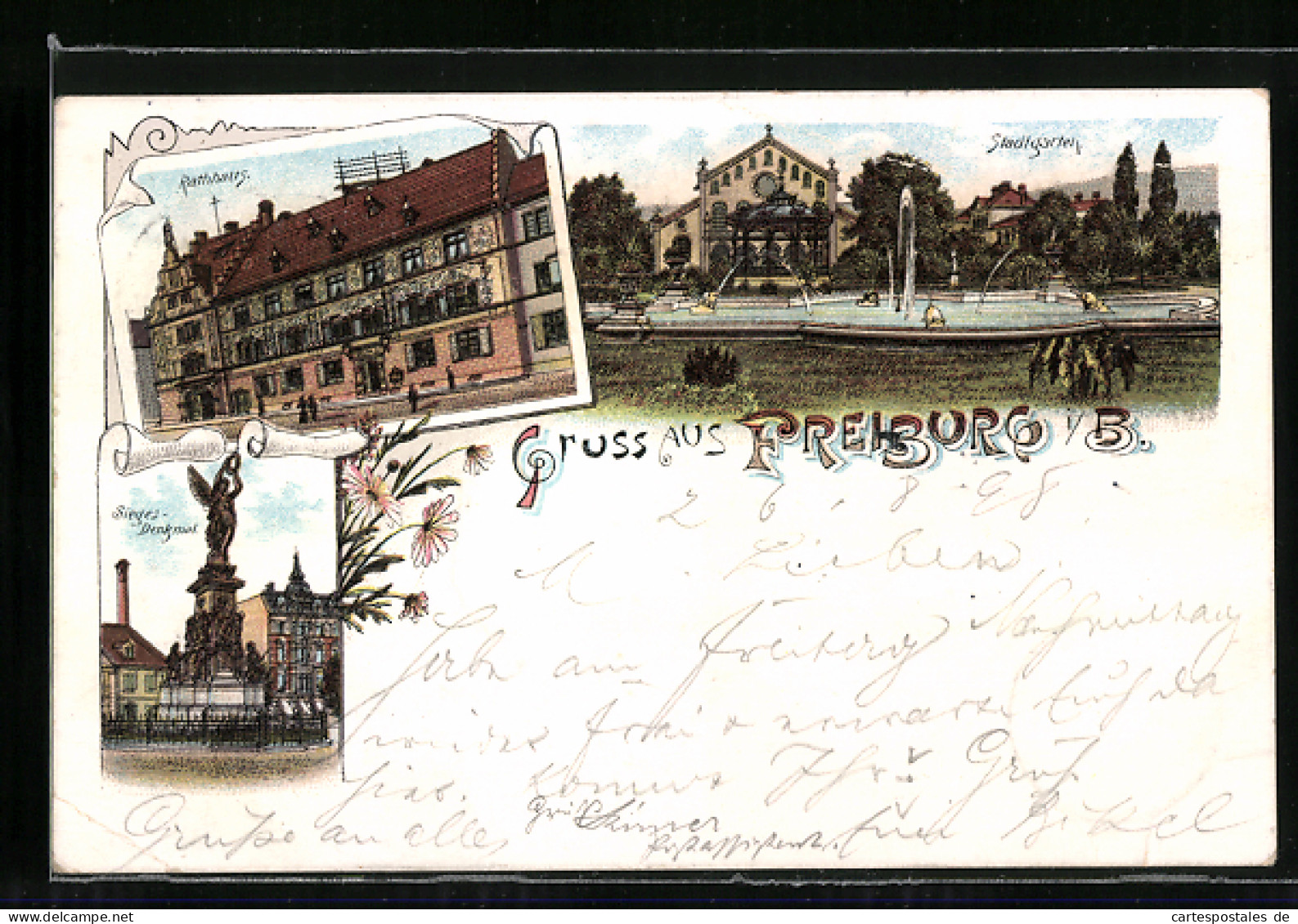Lithographie Freiburg I / B., Stadtgarten, Rathaus, Sieges-Denkmal  - Freiburg I. Br.