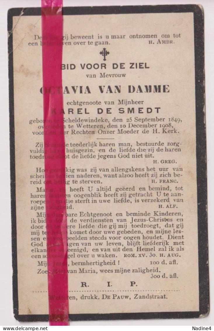 Devotie Doodsprentje Overlijden - Octavia Van Damme Echtg Karel De Smedt - Scheldewindeke 1849 - Wetteren 1908 - Obituary Notices