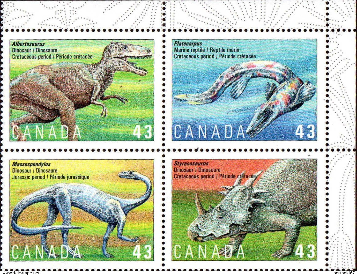 Canada Poste N** Yv:1338/1341 Canada Préhistorique (Coin De Feuille) - Unused Stamps