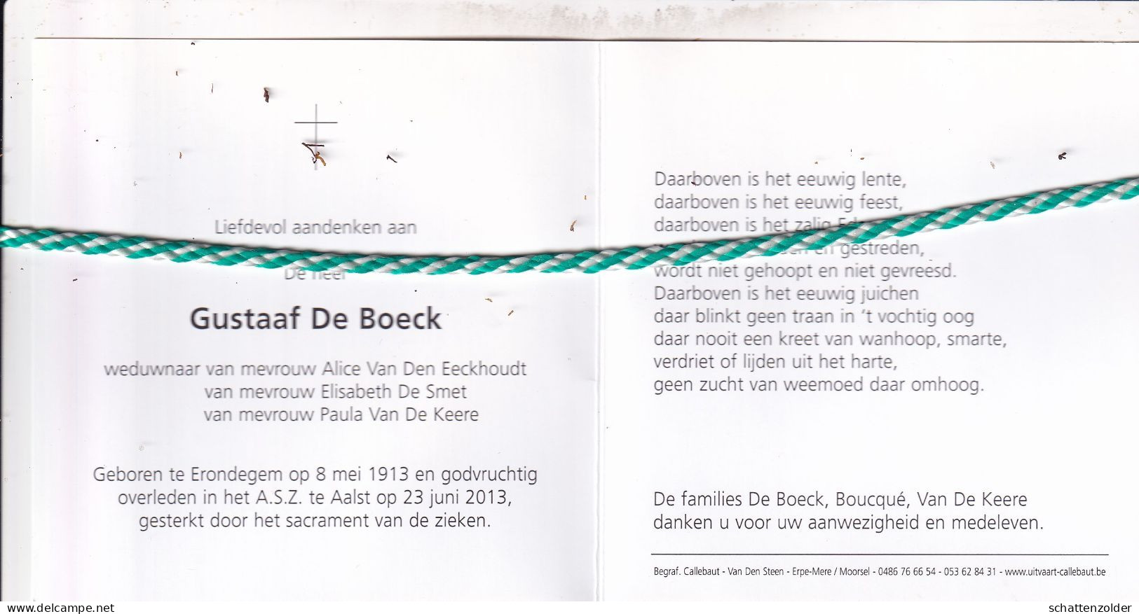 Gustaaf De Boeck-Van Den Eeckhoudt-De Smet-Van De Keere, Erondegem 1913, Aalst 2013. Honderdjarige. Foto - Obituary Notices