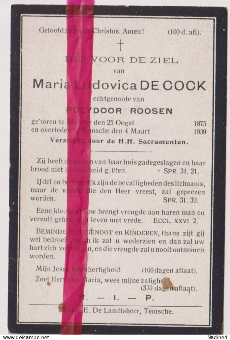 Devotie Doodsprentje Overlijden - Maria De Cock Echtg Polydoor Roosen - Stekene 1875 - Temse 1909 - Décès