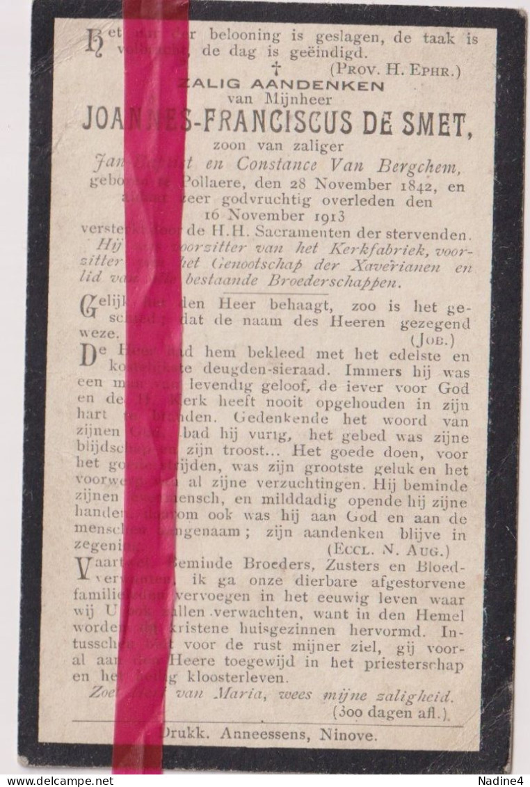 Devotie Doodsprentje Overlijden - Joannes De Smet Zoon Jan B. & Constance Van Bergchem - Pollare 1842 - 1913 - Obituary Notices