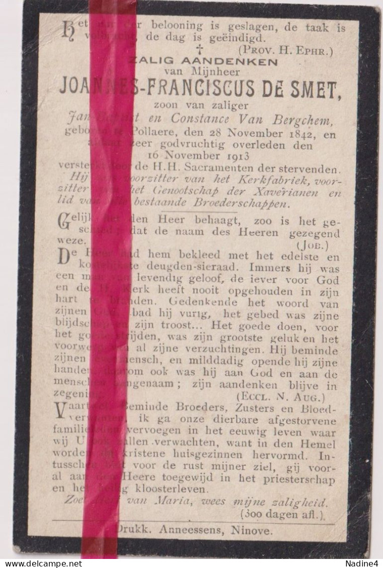 Devotie Doodsprentje Overlijden - Joannes De Smet Zoon Jan B. & Constance Van Bergchem - Pollare 1842 - 1913 - Overlijden