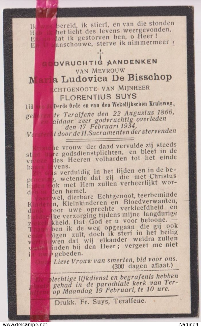 Devotie Doodsprentje Overlijden - Maria De Bisschop Echtg Florentius Suys - Teralfene 1866 - 1934 - Overlijden