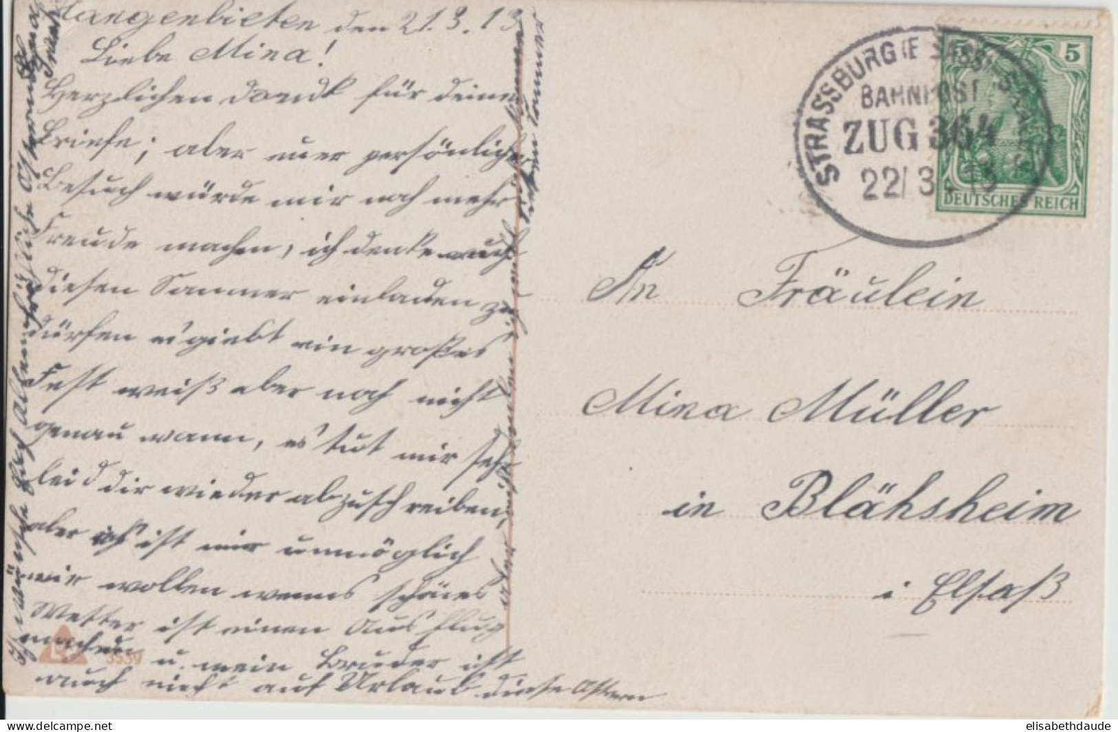 1913 - ALSACE - CACHET CONVOYEUR STRASSBURG SAALES ZUG 364 (IND 7) CP De HANGENBIETEN => BLAESHEIM - Briefe U. Dokumente