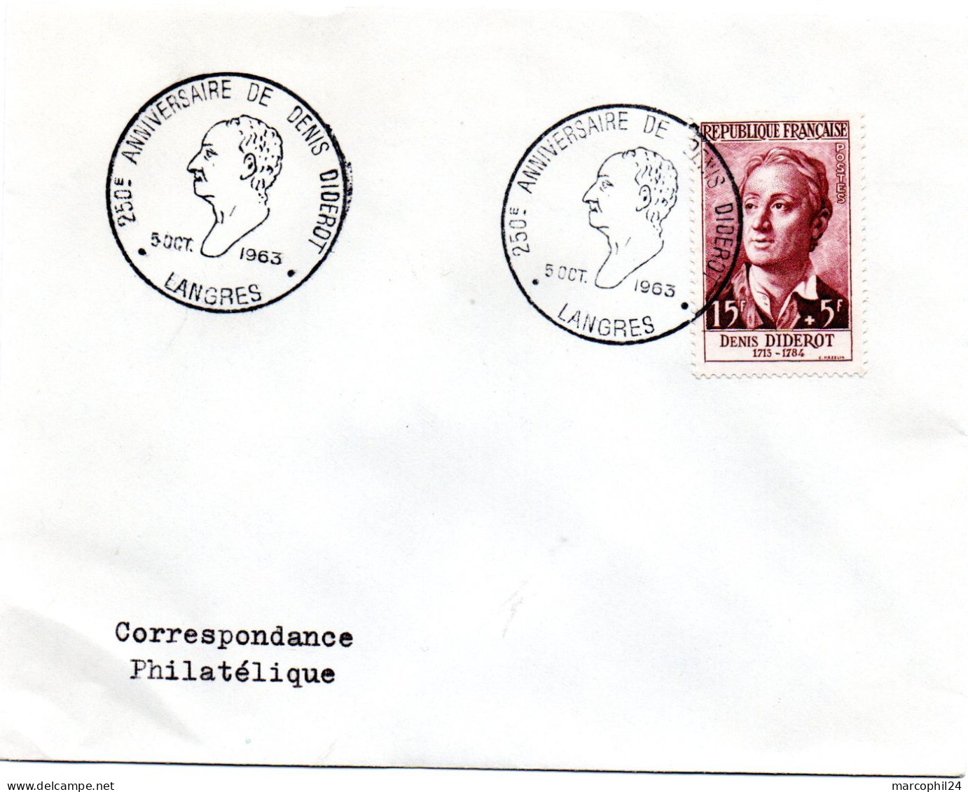 ECRIVAIN / DIDEROT = 52 LANGRES 1963 = CACHET Illustré CONCORDANT N° 1168 = 250e ANNIVERSAIRE DENIS DIDEROT - Schriftsteller