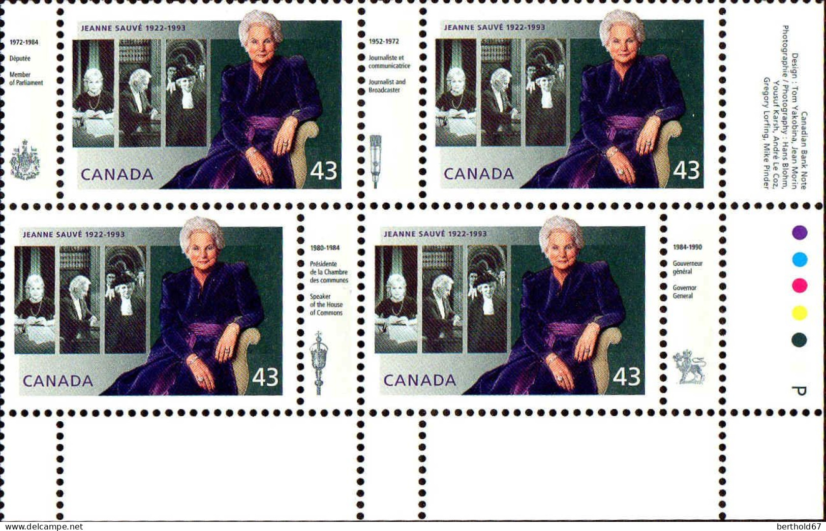 Canada Poste N** Yv:1352 Mi:1408 Jeanne Sauvé Bloc De 4 CdF - Unused Stamps