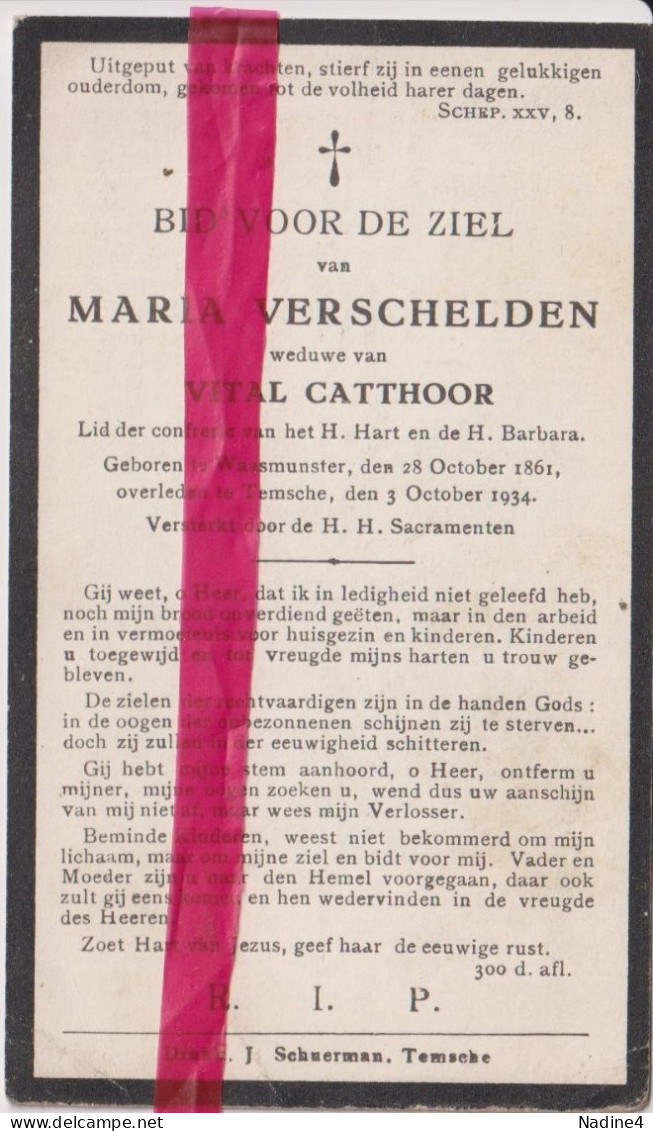 Devotie Doodsprentje Overlijden - Maria Verschelden Wed Vital Catthoor - Waasmunster 1861 - Temse 1934 - Décès