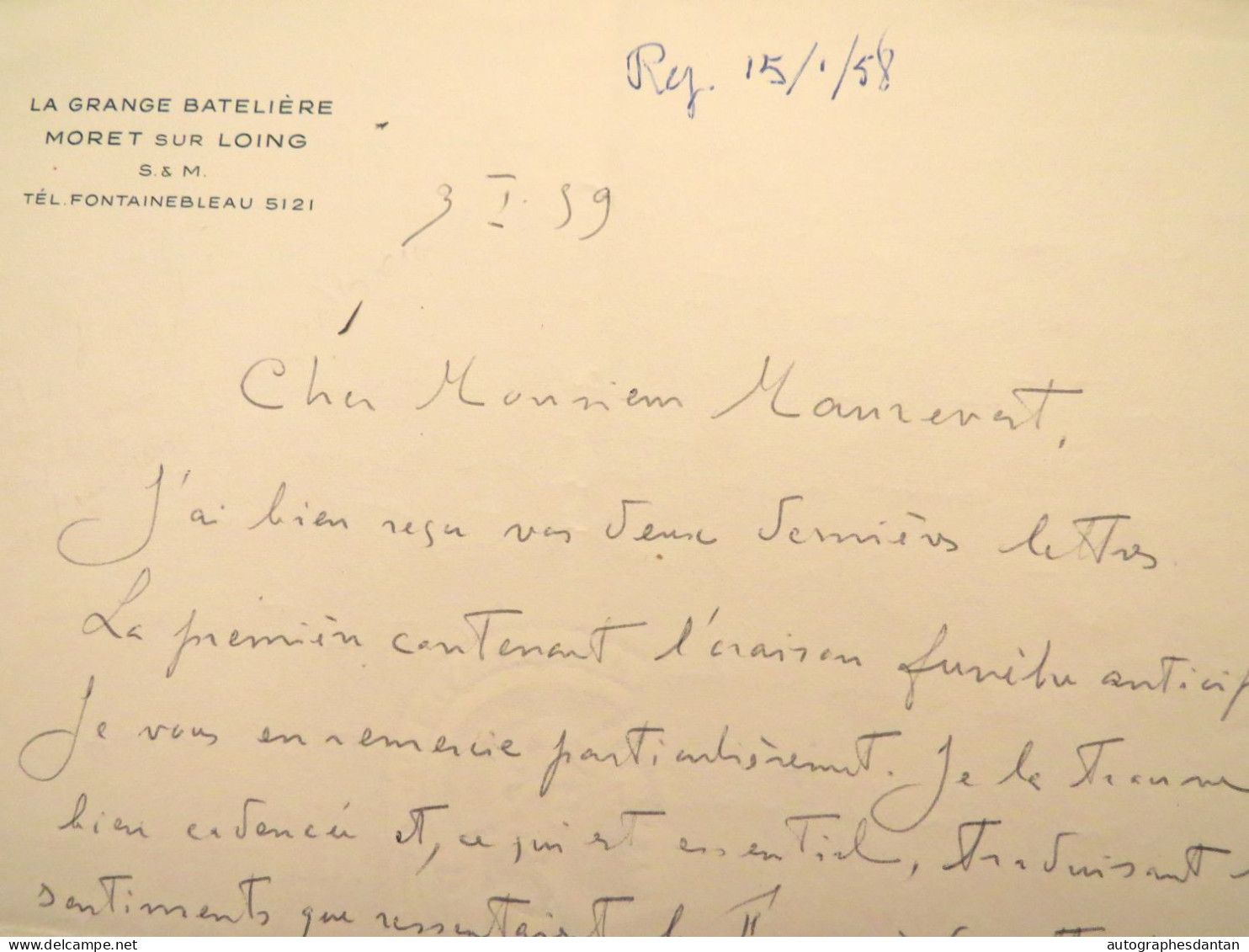 ● L.A.S 1959 Michel CLEMENCEAU Fils De Georges Clemenceau Moret Sur Loing Grange Batelière Maurevert Lettre Autographe - Politisch Und Militärisch