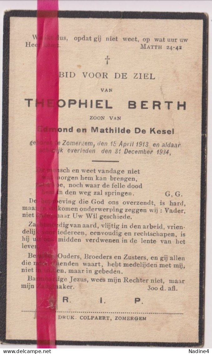 Devotie Doodsprentje Overlijden - Theophiel Berth Zoon Edmond & Mathilde De Kesel - Zomergem 1913 - 1934 - Obituary Notices