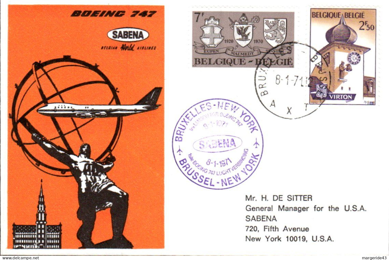 BELGIQUE 1 ERE LIAISON AERIENNE BRUXELLES-NEW YORK PAR SABENA 1971 - Flugzeuge