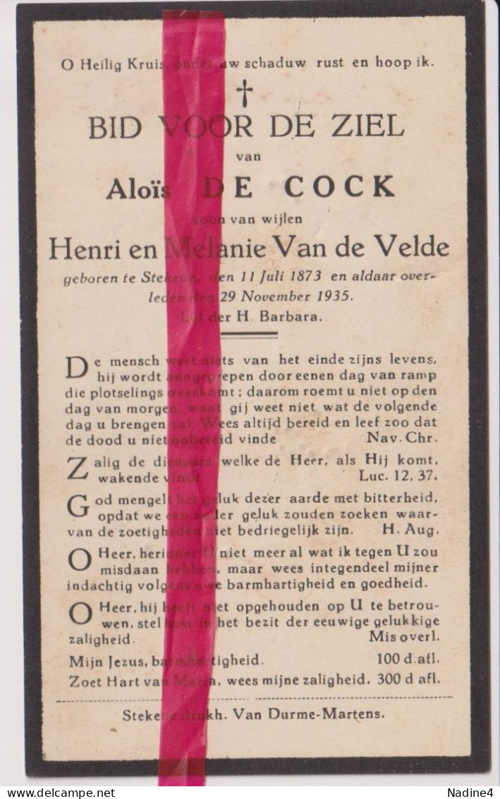 Devotie Doodsprentje Overlijden - Alois De Cock Zoon Henri & Melanie Van De Velde - Stekene 1873 - 1935 - Décès