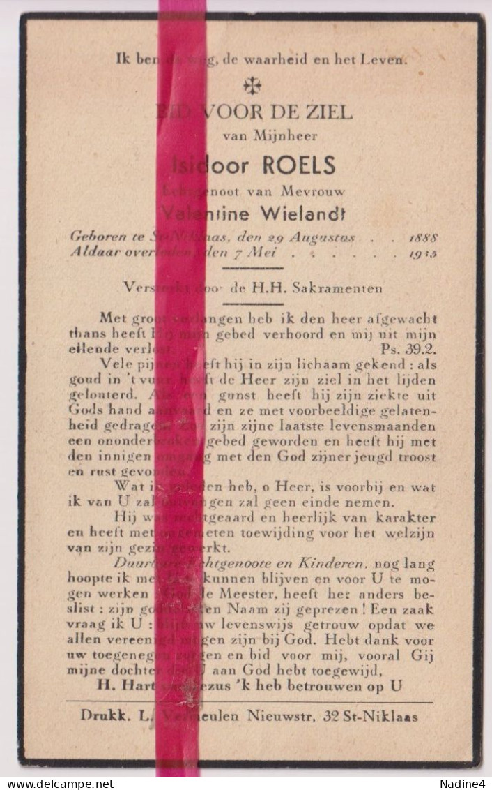 Devotie Doodsprentje Overlijden - Isidoor Roels Echtg Valentine Wielandt - St Niklaas 1888 - 1935 - Overlijden