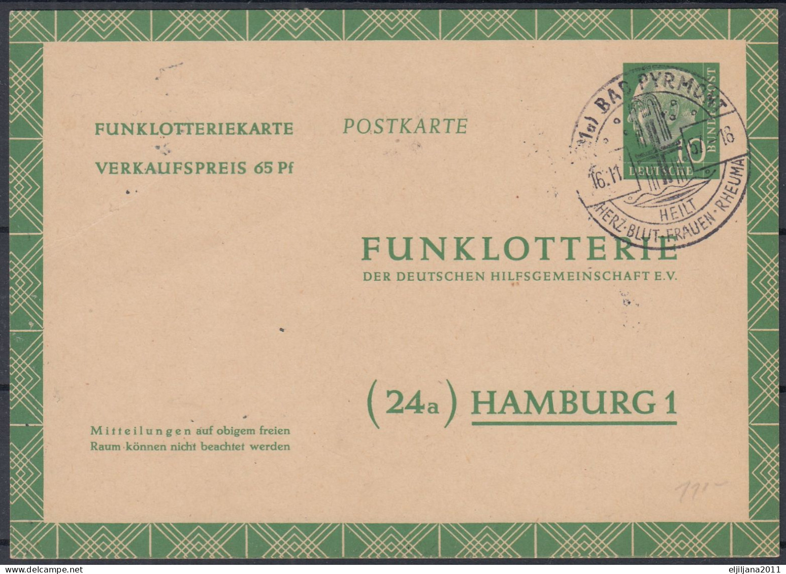 ⁕ Germany 1957 Deutsche BundesPost ⁕ FUNKLOTTERIE (24a) Hamburg 1 ⁕ Bad Pyrmont Postmark ⁕ Stationery Postcard - Postales - Usados