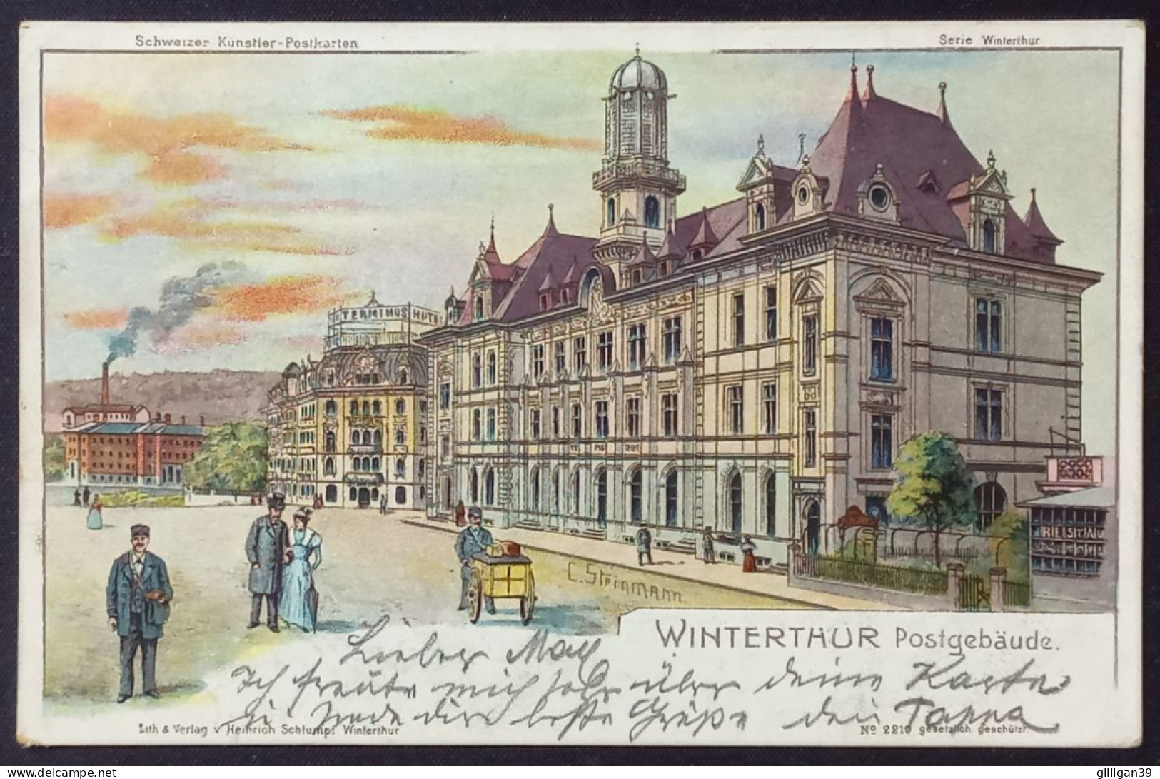 WINTERTHUR, Postgebäude, Künstlerkarte Sign. C. Steinmann, Bahnpoststempel Winterthur 1902 - Winterthur