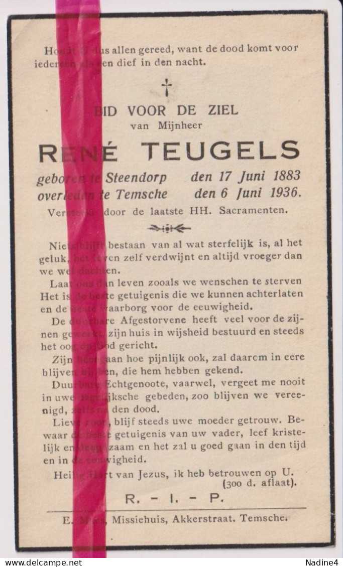 Devotie Doodsprentje Overlijden - René Teugels - Steendorp 1883 - Temse 1936 - Obituary Notices