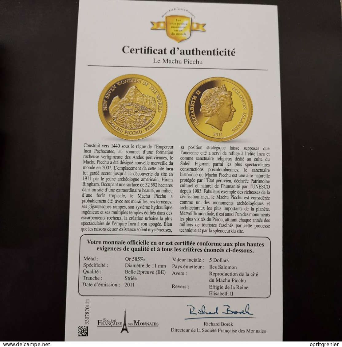 5 DOLLARS OR 2011 BE LE MACHU PICCHU ILES SALOMON / GOLD / 0.5g Or 585 + CERTIFICAT - Solomon Islands