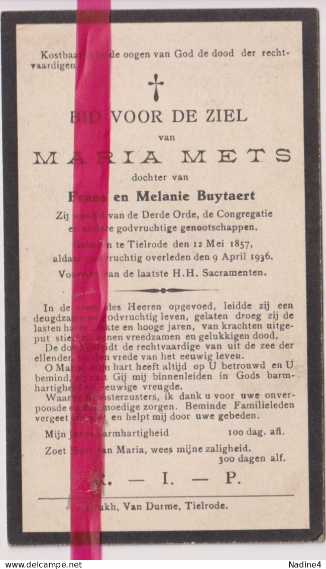 Devotie Doodsprentje Overlijden - Maria Mets Dochter Frans & Melanie Buytaert - Tielrode 1857 - 1936 - Décès