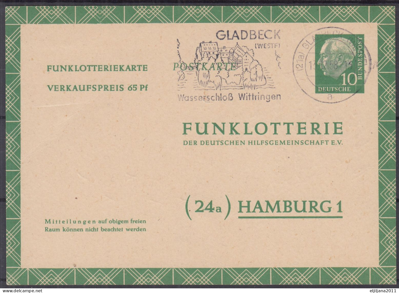 ⁕ Germany 1958 Deutsche BundesPost ⁕ FUNKLOTTERIE (24a) Hamburg 1 ⁕ Gladbeck Postmark ⁕ Stationery Postcard - Postkaarten - Gebruikt