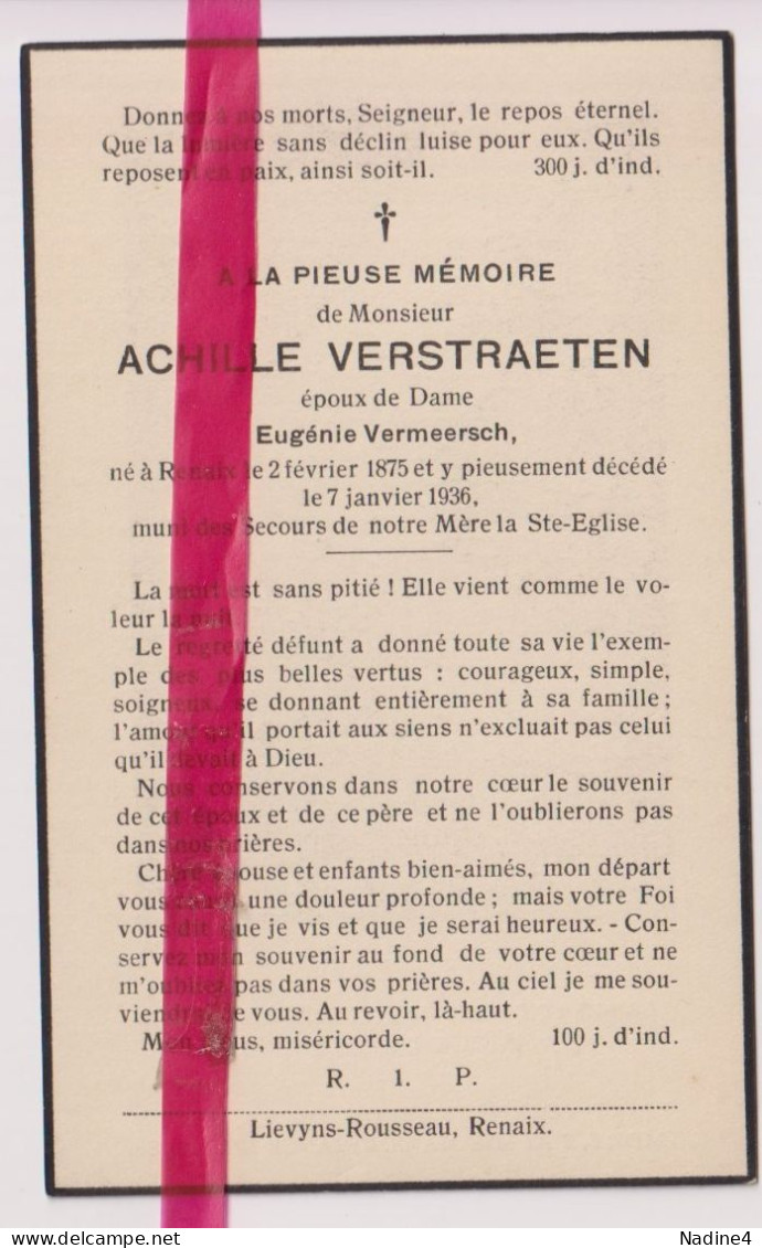 Devotie Doodsprentje Overlijden - Achille Verstraeten époux Eugénie Vermeersch - Renaix 1875 - 1936 - Obituary Notices