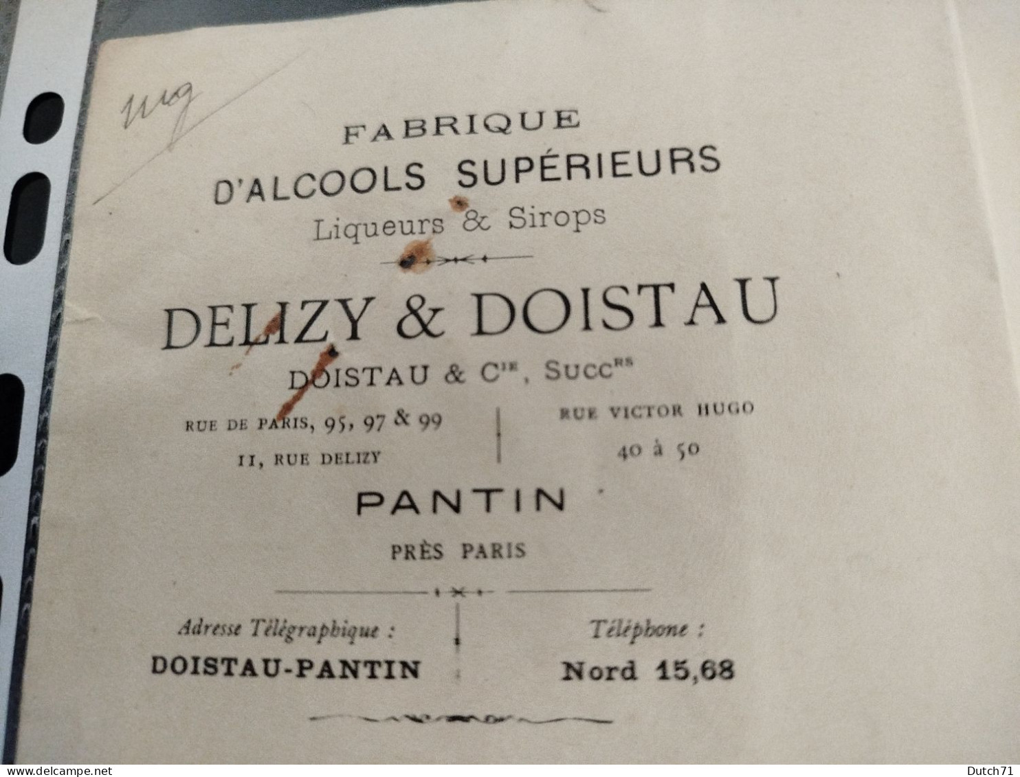 FACTURE ANCIENNE 1923/FABRIQUE D'ALCOOL SUPÉRIEUR/DELIZY&DOISTAU/PANTIN - Sonstige & Ohne Zuordnung