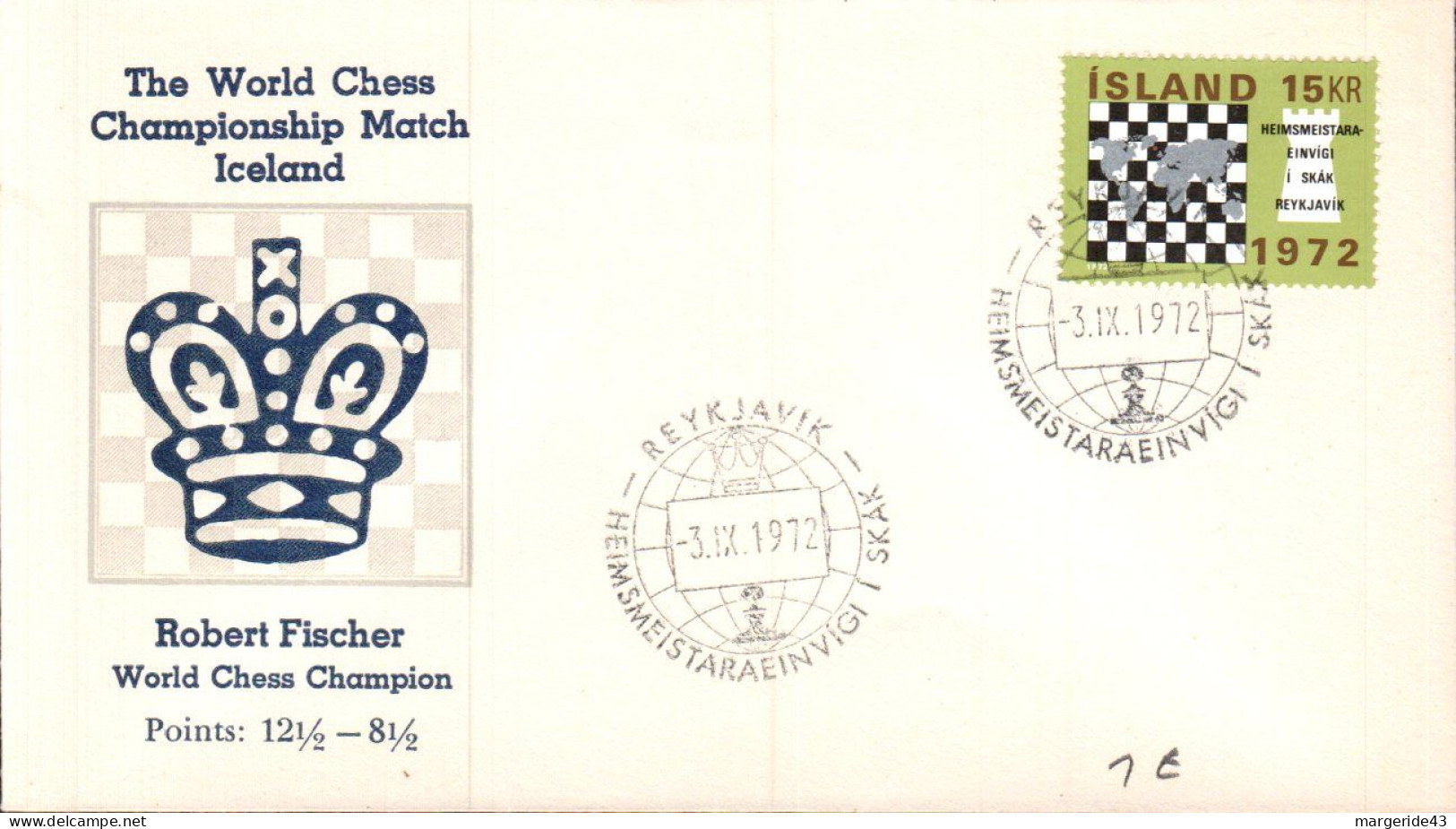 ISLAND FDC 1872 CHAMPIONNAT MONDIAL ECHECS - Scacchi