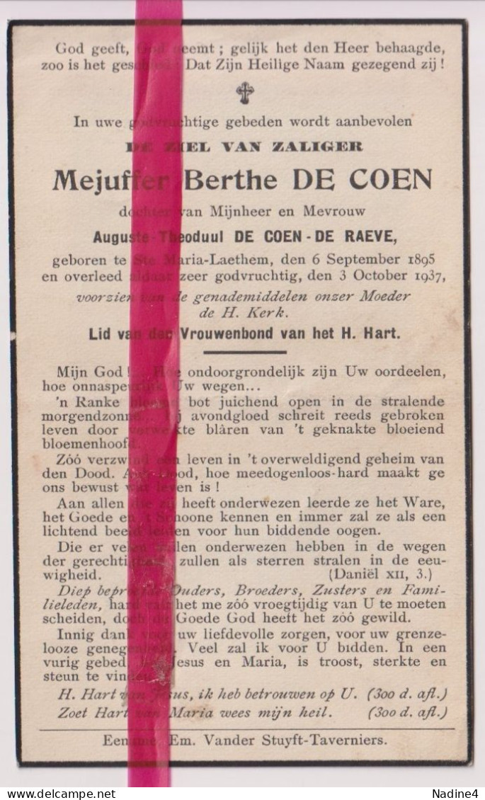 Devotie Doodsprentje Overlijden - Berthe De Coen Dochter Auguste & De Raeve - St Maria Latem 1895 - 1937 - Obituary Notices