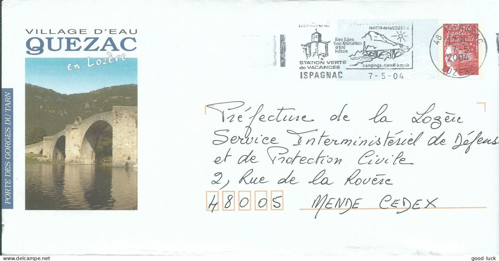 FRANCE P.A.P. 20g QUEZAC Rouge ISPAGNAC POUR MENDE ( LOZERE ) DE 2004 LETTRE COVER - PAP: Aufdrucke/Luquet