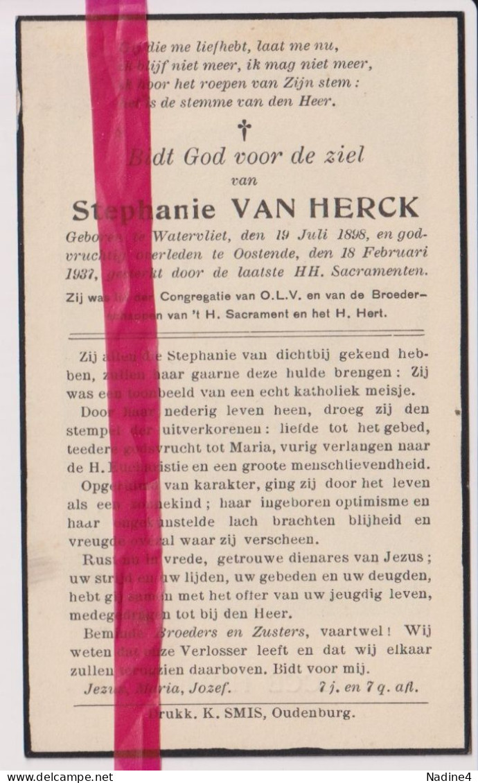 Devotie Doodsprentje Overlijden - Stephanie Van Herck - Watervliet 1898 - Oostende 1937 - Décès