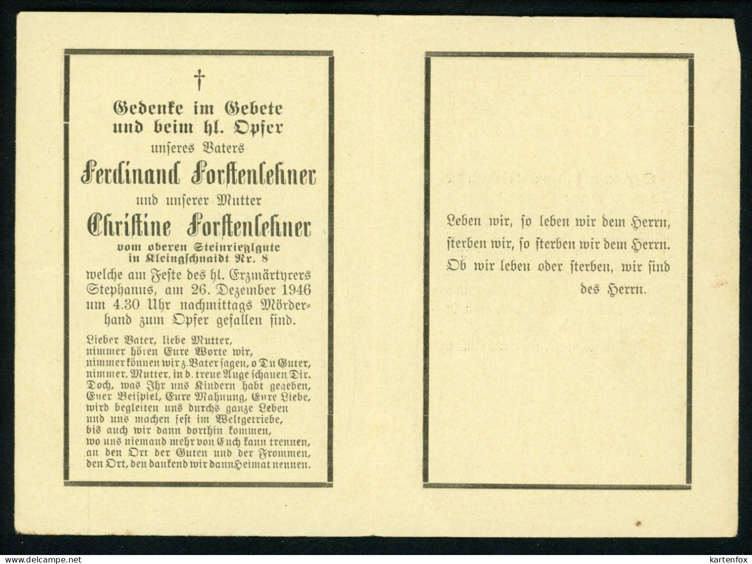 Andenken,Vater Und Mutter 26.12.1946 Durch Mörder-Hand Gestorben,Steinriegelgut,Kleingschnaidt 8,Gaflenz,Steyr-Land - Unclassified