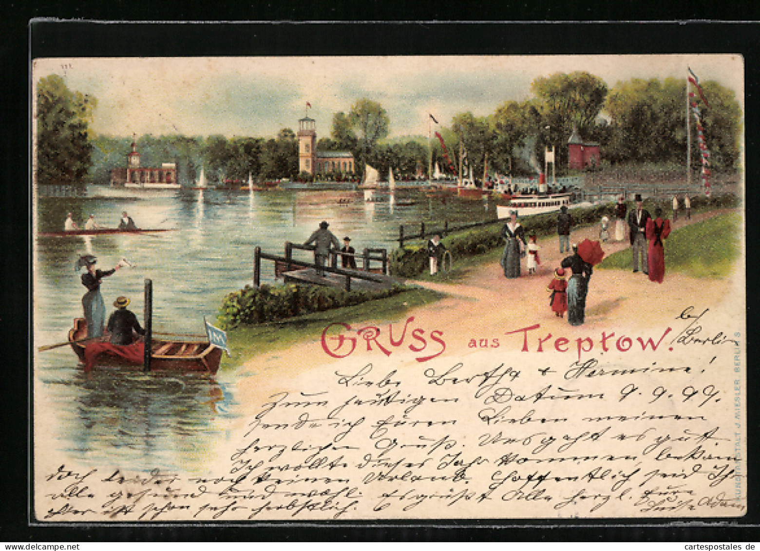 Lithographie Berlin-Treptow, Etablissement Paradies-Garten, Dampfer, Ruderboote  - Treptow