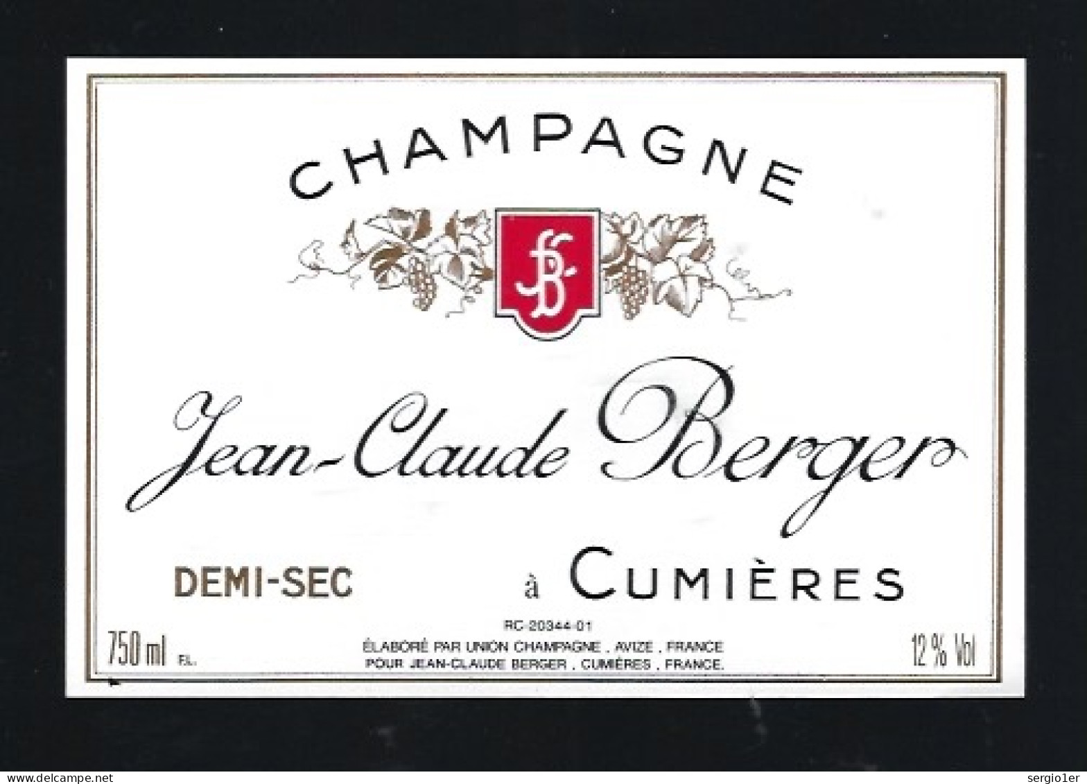 Etiquette Champagne Demi  SecJen Claude Berger    Cumieres  Marne 51 - Champagner