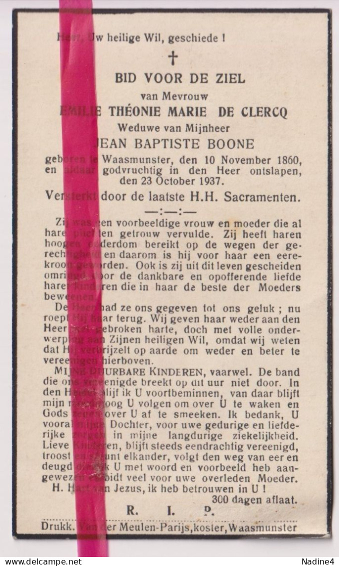 Devotie Doodsprentje Overlijden - Emilie De Clercq Wed Jan Baptist Boone - Waasmunster 1860 - 1937 - Overlijden