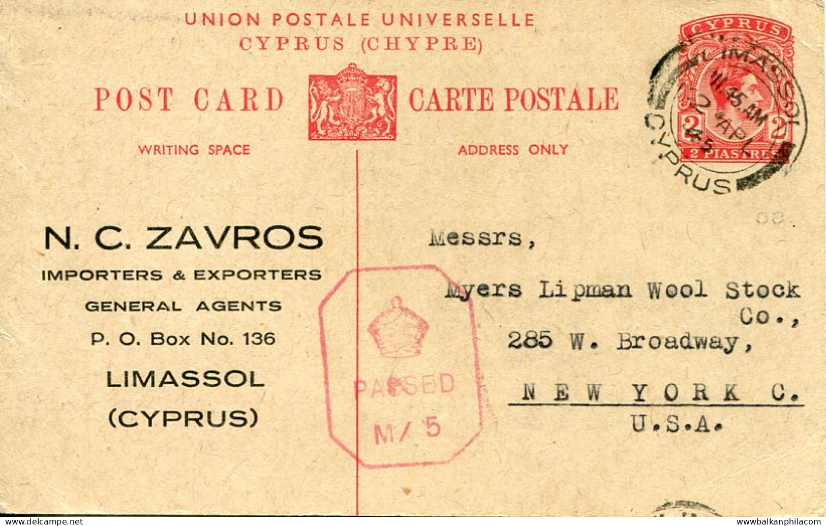 1945 Cyprus Limassol Censor M/5 Postal Card To USA - Sonstige & Ohne Zuordnung