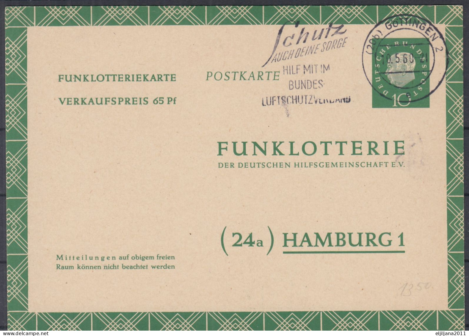 ⁕ Germany 1960 Deutsche BundesPost ⁕ FUNKLOTTERIE (24a) Hamburg 1 ⁕ Göttingen Postmark ⁕ Stationery Postcard - Cartes Postales - Oblitérées