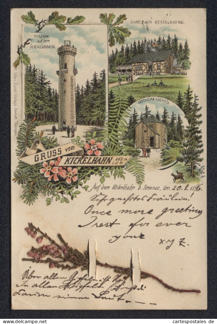 Lithographie Kickelhahn B. Ilmenau, Gabelbach Restaurant, Göthehäuschen, Turm, Getrocknete Blume Im Einschnitt  - Ilmenau