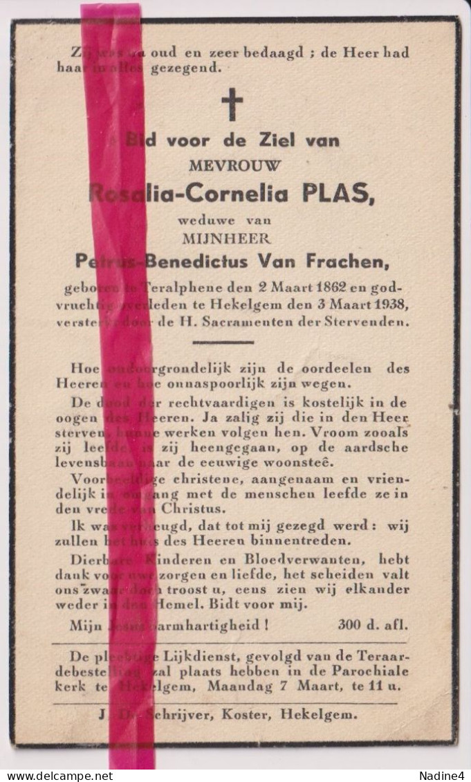 Devotie Doodsprentje Overlijden - Rosalia Plas Wed Petrus Van Frachen - Teralfene 1862 - Hekelgem 1938 - Esquela