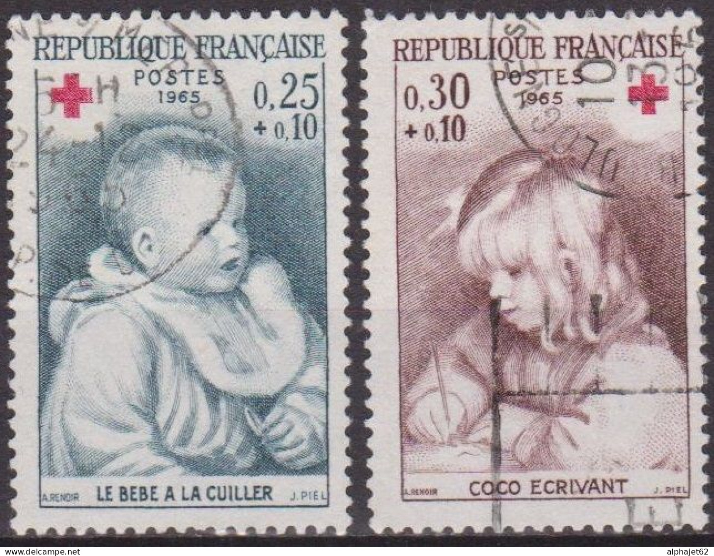 Art, Peinture, Impressionnisme - FRANCE - Pierre Auguste Renoir: Bébé à La Cuiller, Coco écrivant - N° 1466-1467 - 1965 - Gebraucht