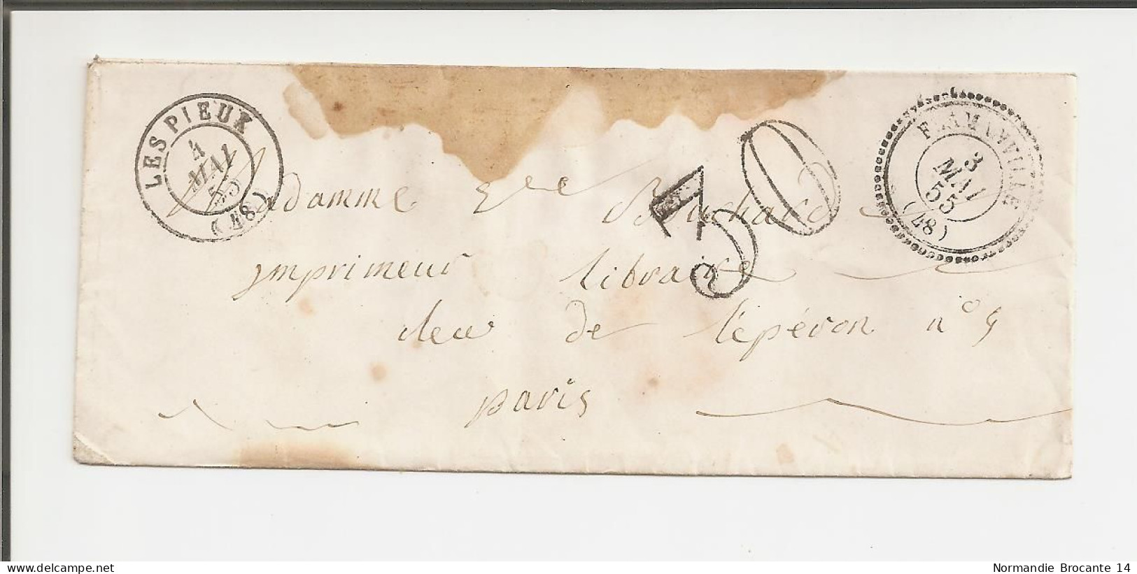 Lettre De Les Pieux Pour Paris De 1855 - Taxe 30 - 1849-1876: Periodo Classico