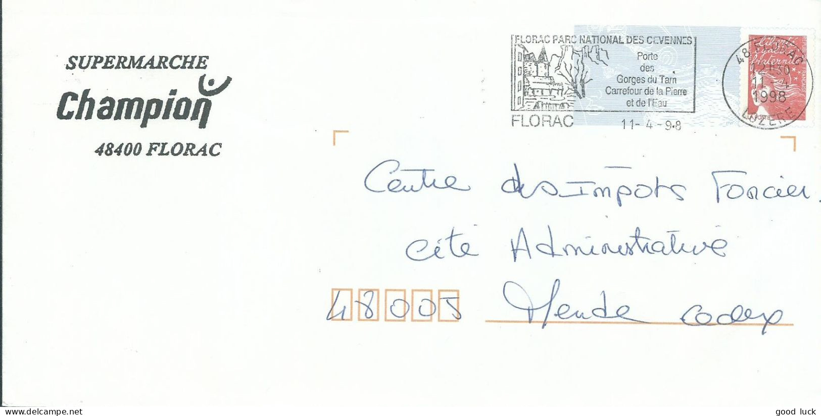 FRANCE P.A.P. 20g CHAMPION Rouge FLORAC POUR MENDE ( LOZERE ) DE 1998 LETTRE COVER - Prêts-à-poster: Repiquages /Luquet