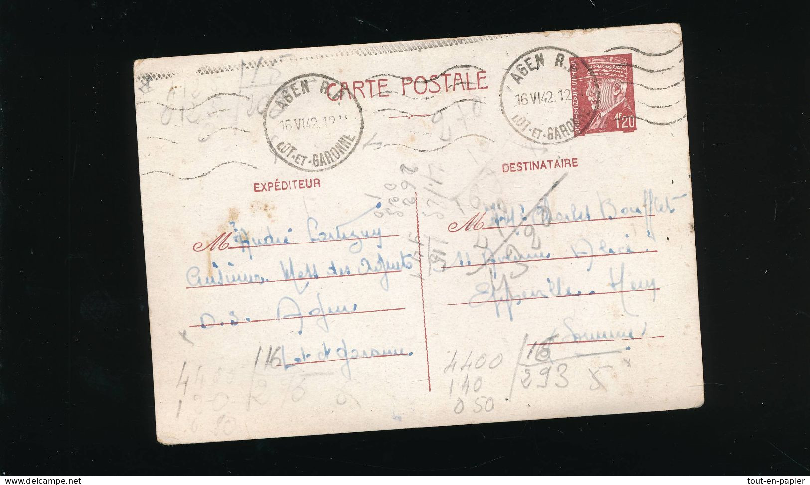 Entier Postal Timbre Pétain 1f20 1943 Pour Epperville D' Agen  Voyagée 1942 - Weltkrieg 1939-45