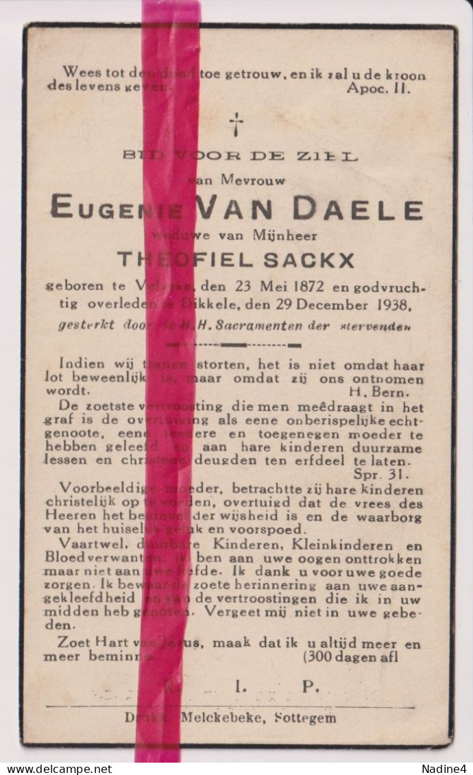 Devotie Doodsprentje Overlijden - Eugenie Van Daele Wed Theofiel Sackx - Velzeke 1872 - Dikkele 1938 - Obituary Notices