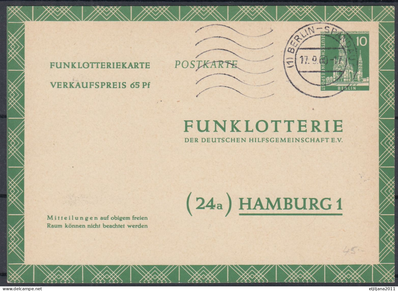 ⁕ Germany 1960 Deutsche BundesPost ⁕ FUNKLOTTERIE (24a) Hamburg 1 ⁕ Berlin-Spandau Postmark ⁕ Stationery Postcard - Postales - Usados