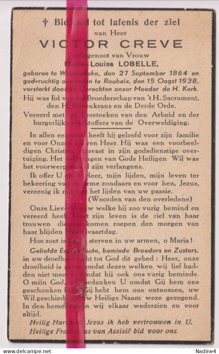 Devotie Doodsprentje Overlijden - Victor Creve Echtg Marie Lobelle - Wachtebeke 1864 - Roubaix 1938 - Esquela